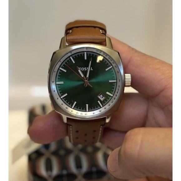 Fossil PR5486 Sun-Ray Green Dial Tonneau-Cushion Case Perforated Leather Band - Picture 1 of 16